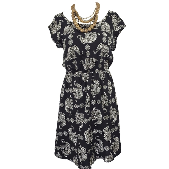 Rue 21 Elephant Print Black Bloused Mini Dress - Picture 1 of 9